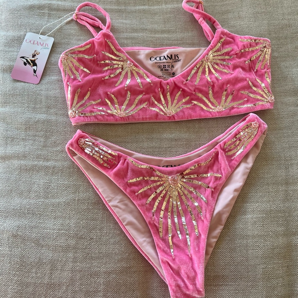 Oceanus Pink Velvet Gold-Accent Bikini Set